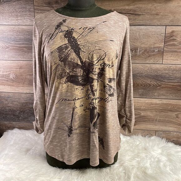 Kim Rogers Ladies 3/4 Sleeve Pullover Top Embellished Butterfly Print Brown Sz L - Picture 2 of 10